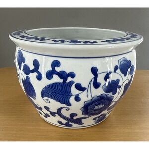 Blue and White Floral Asian Style Porcelain Planter Pot Chinoiserie 5.5" X 7.5"